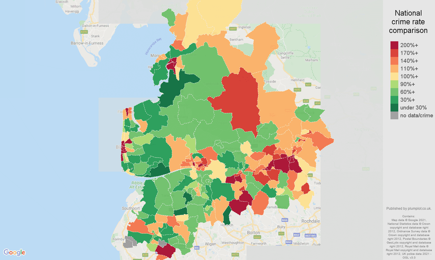Lancashire burglary crime rate comparison map