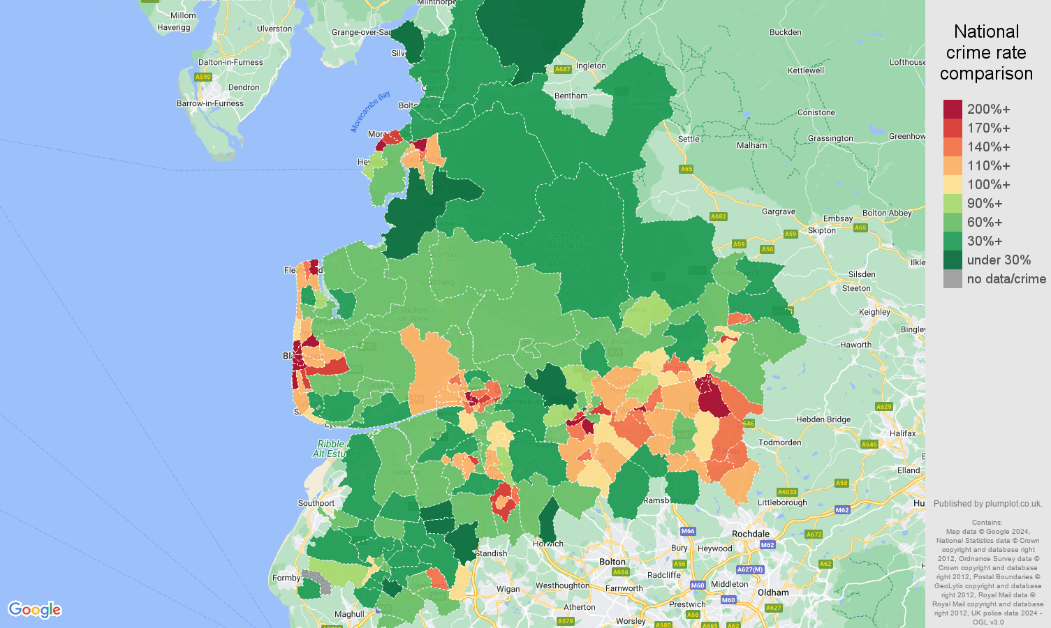 Lancashire crime rate comparison map