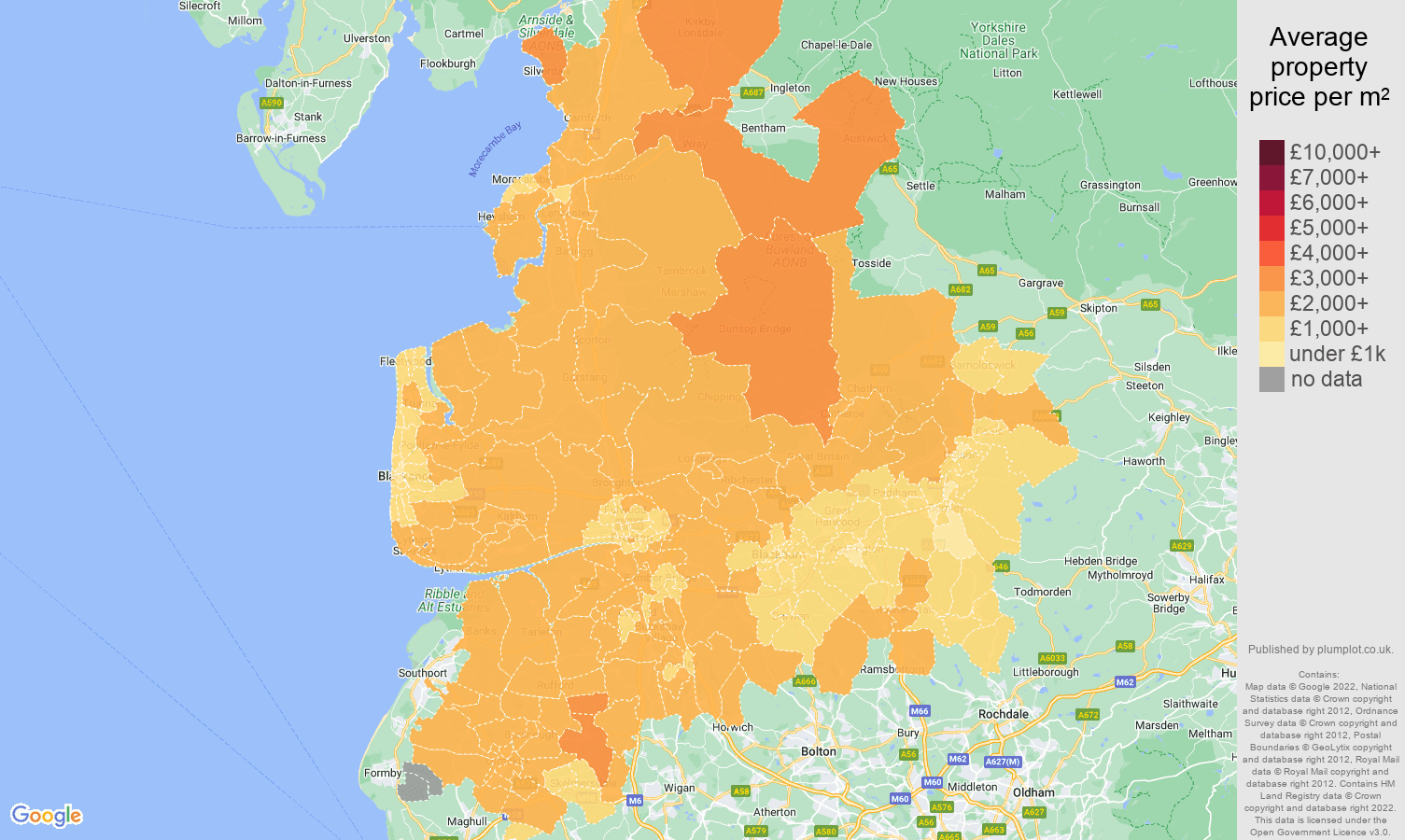 Lancashire house prices per square metre map