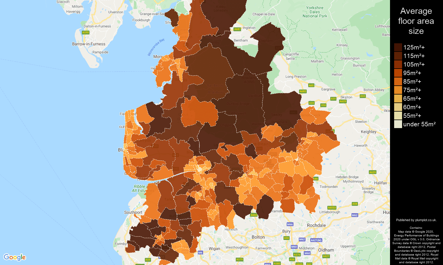 Lancashire map of average floor area size of properties