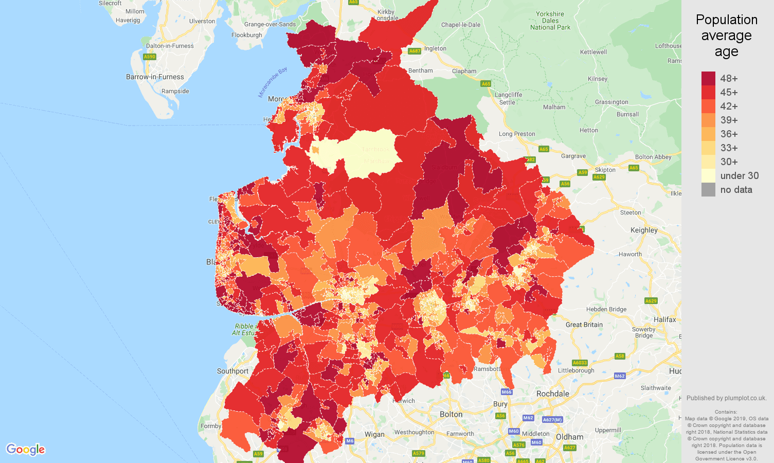 Lancashire population average age map