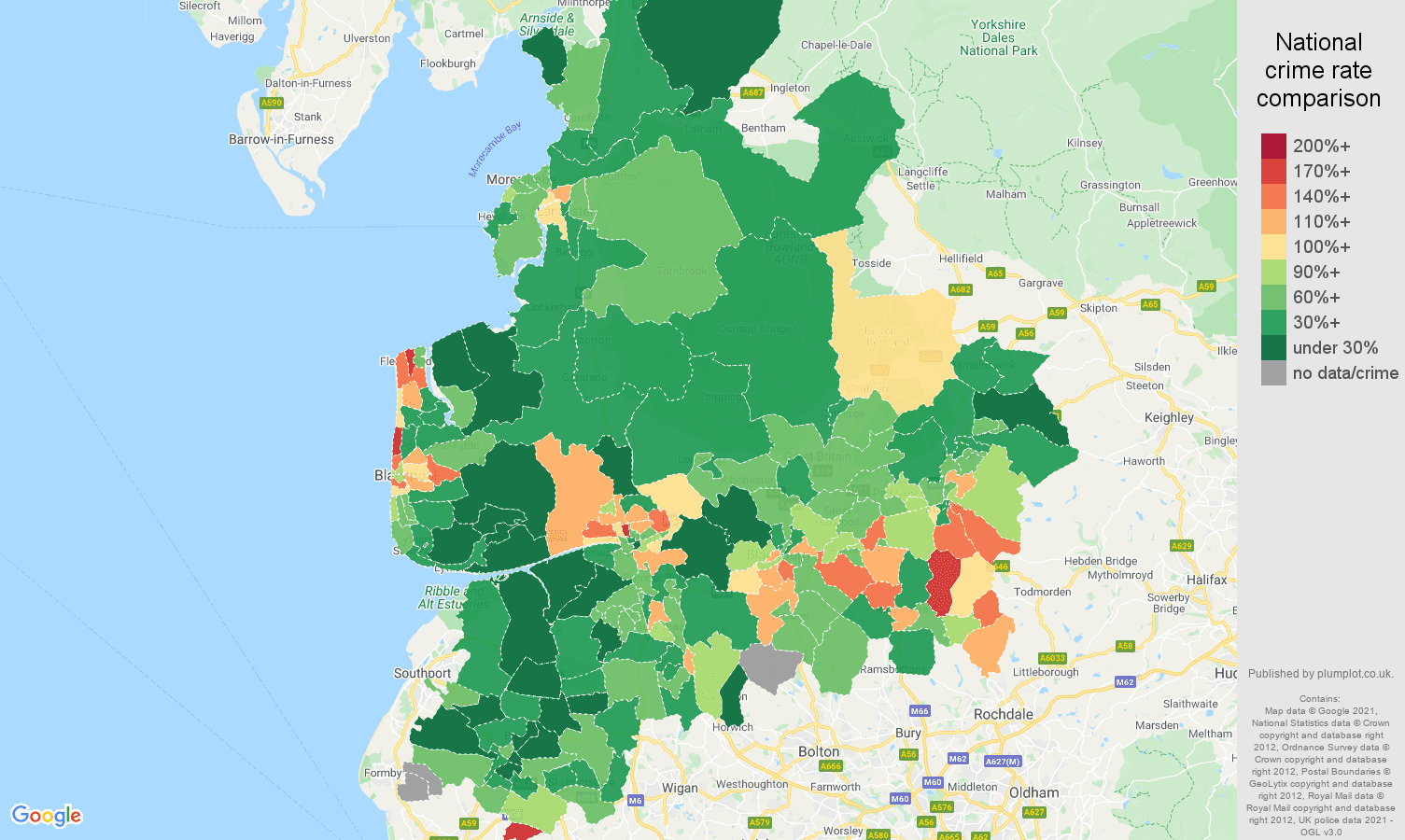 Lancashire vehicle crime rate comparison map