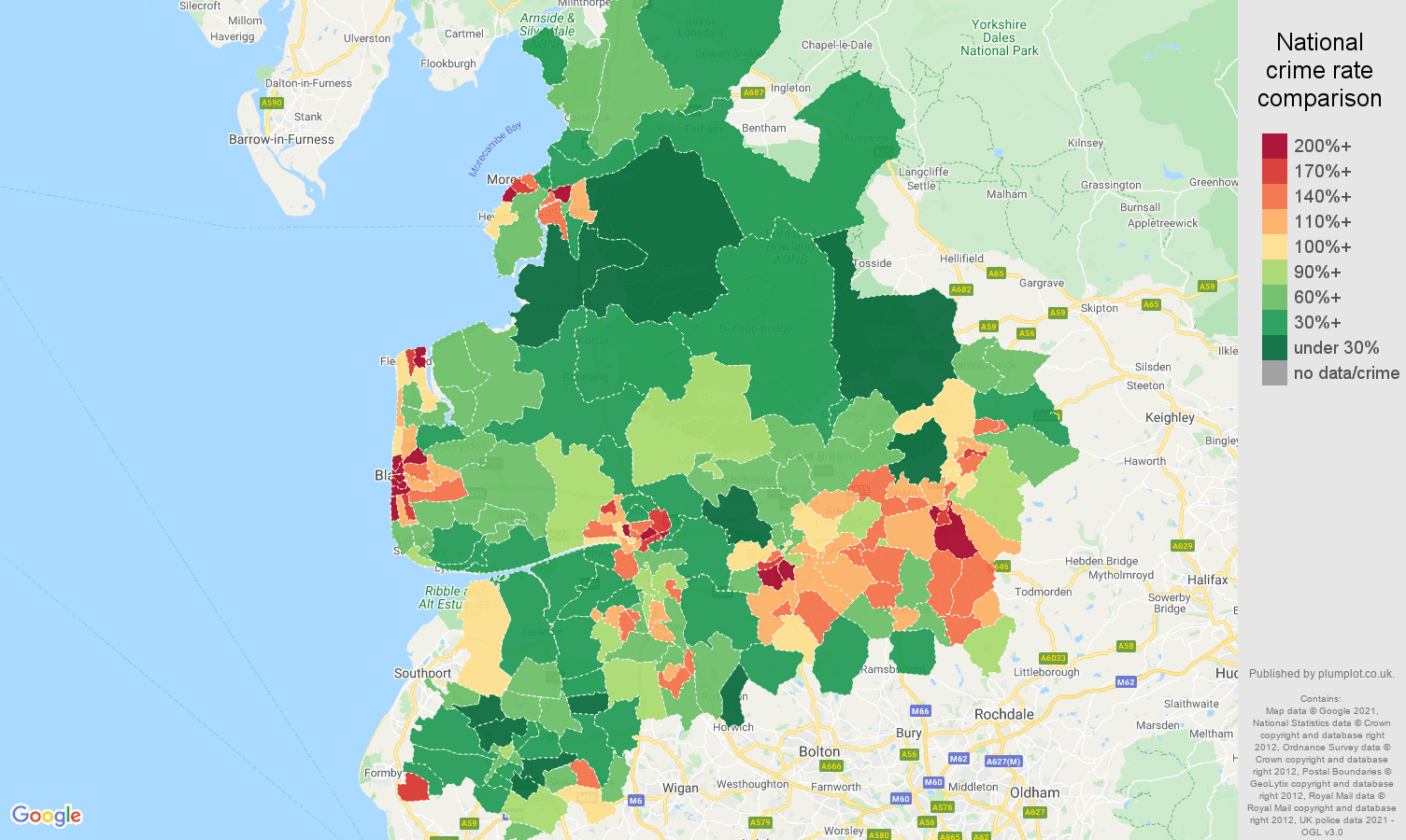 Lancashire violent crime rate comparison map