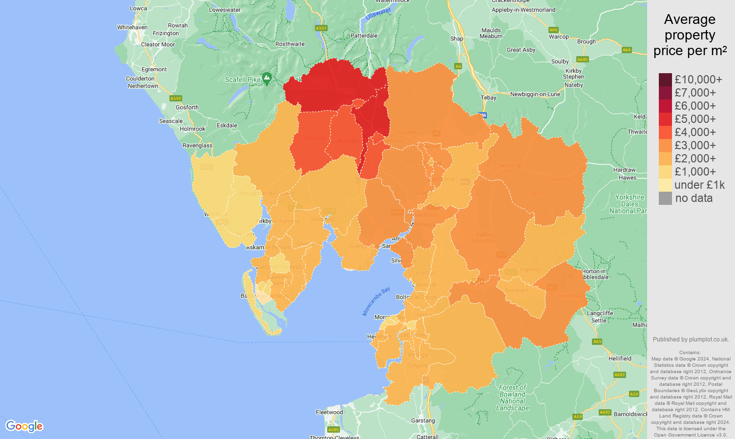 Lancaster house prices per square metre map