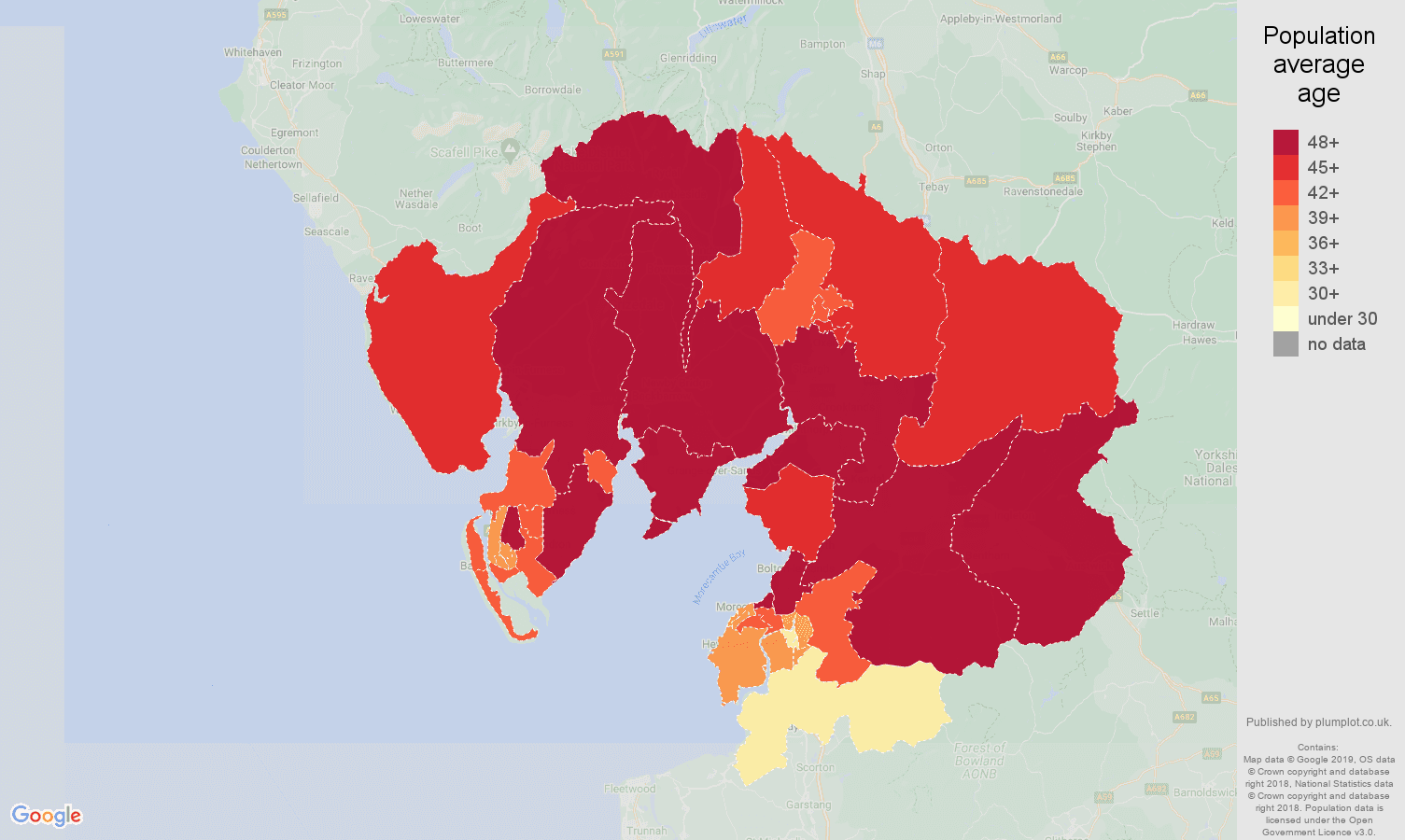 Lancaster population average age map