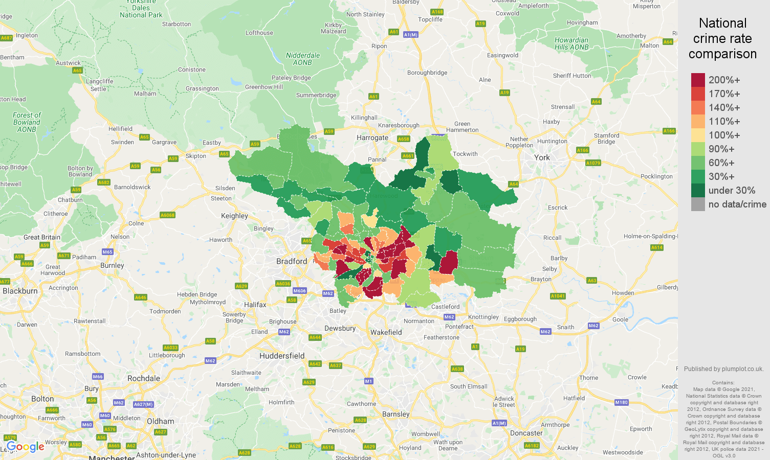 Leeds criminal damage and arson crime rate comparison map