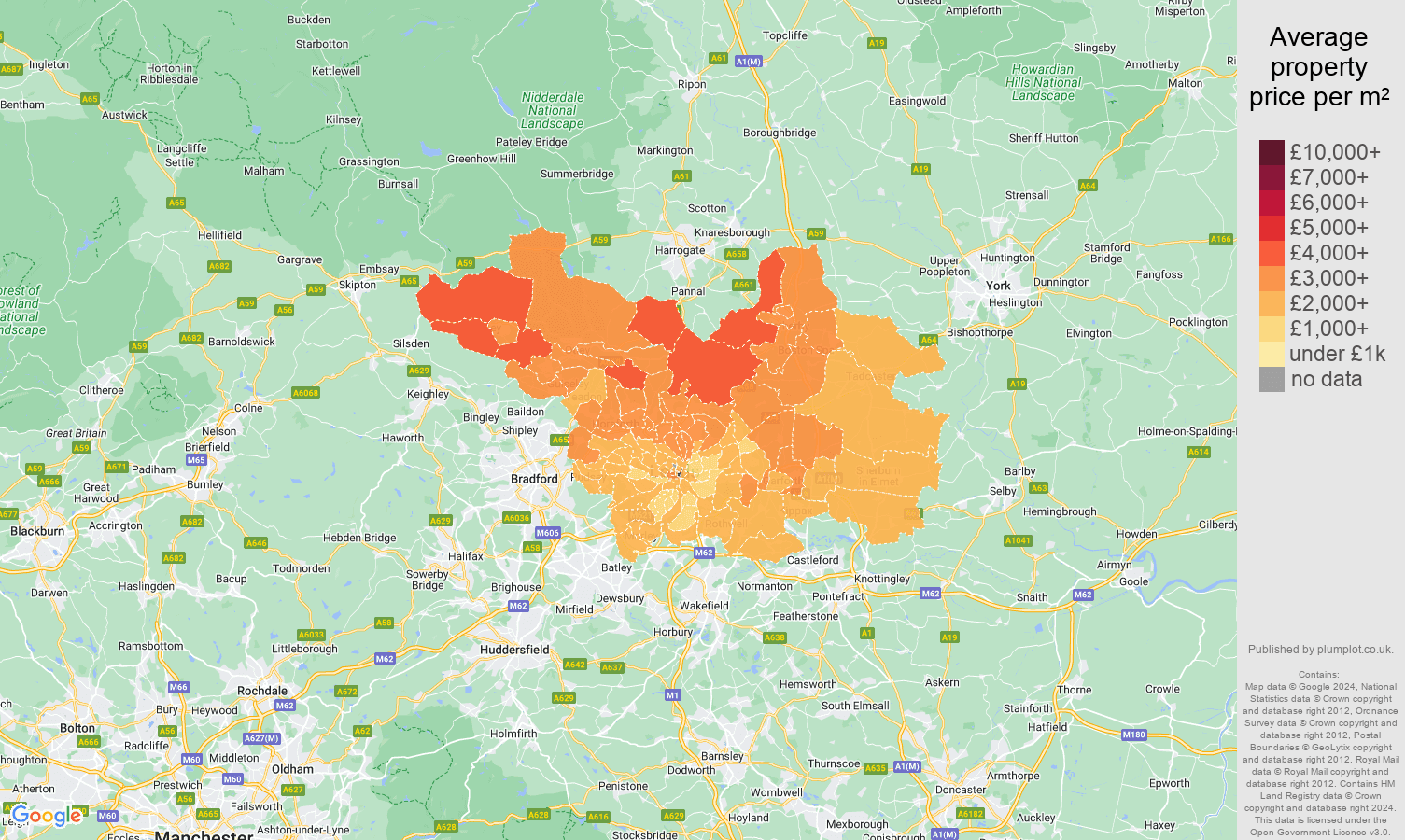 Leeds house prices per square metre map
