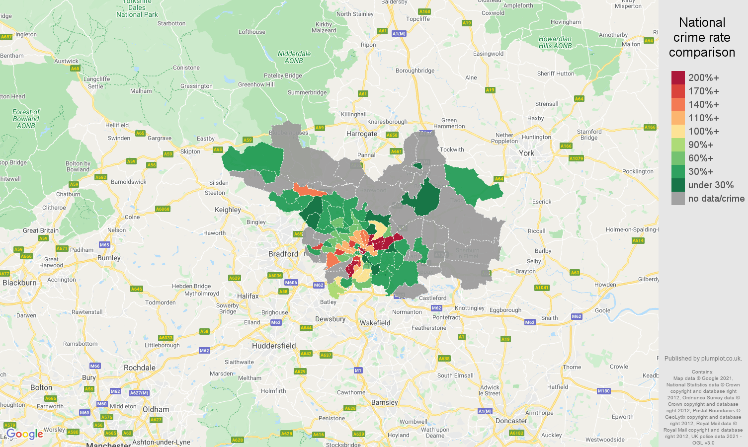 Leeds theft from the person crime rate comparison map