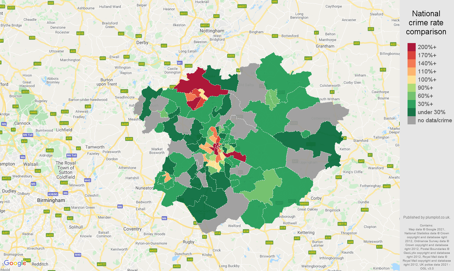 Leicester bicycle theft crime rate comparison map