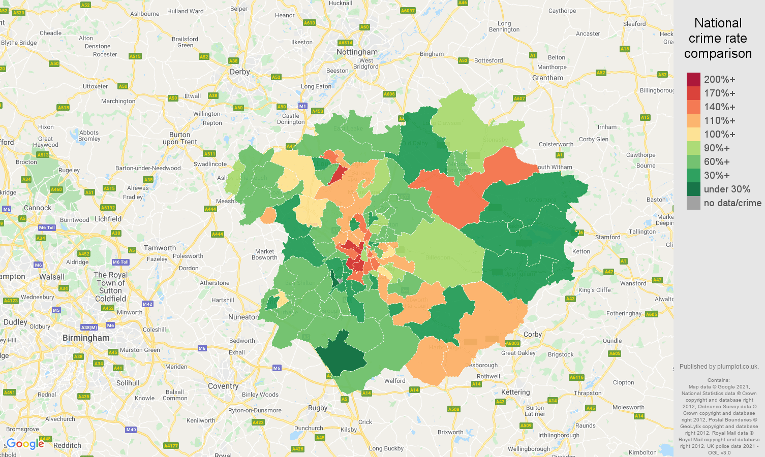Leicester burglary crime rate comparison map