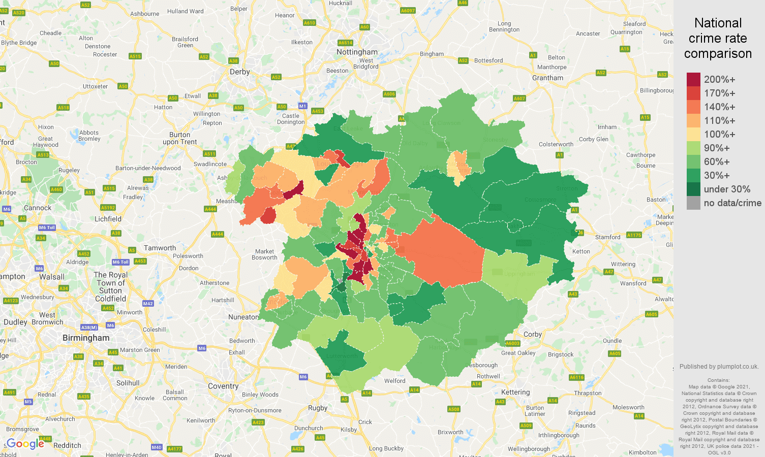 Leicester criminal damage and arson crime rate comparison map