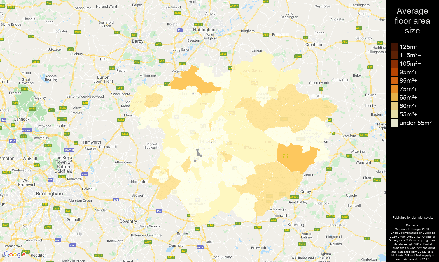 Leicester map of average floor area size of flats
