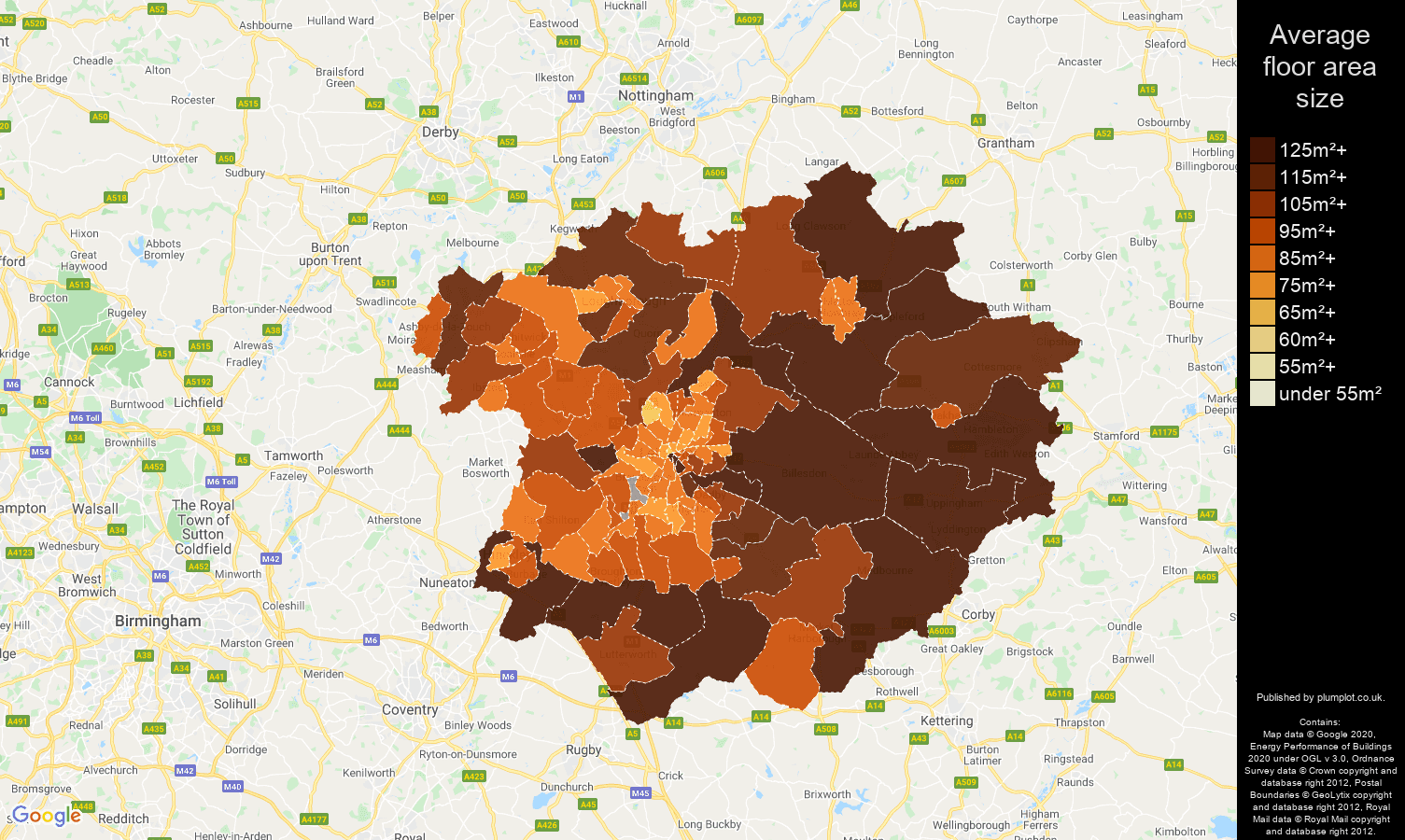 Leicester map of average floor area size of houses