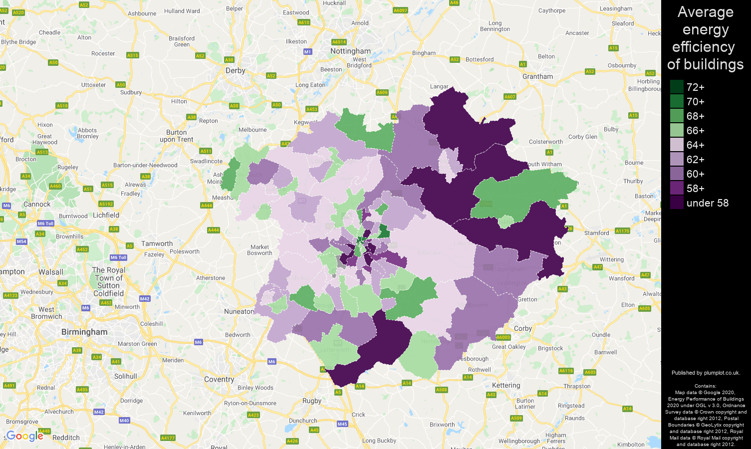 Leicester map of energy efficiency of properties