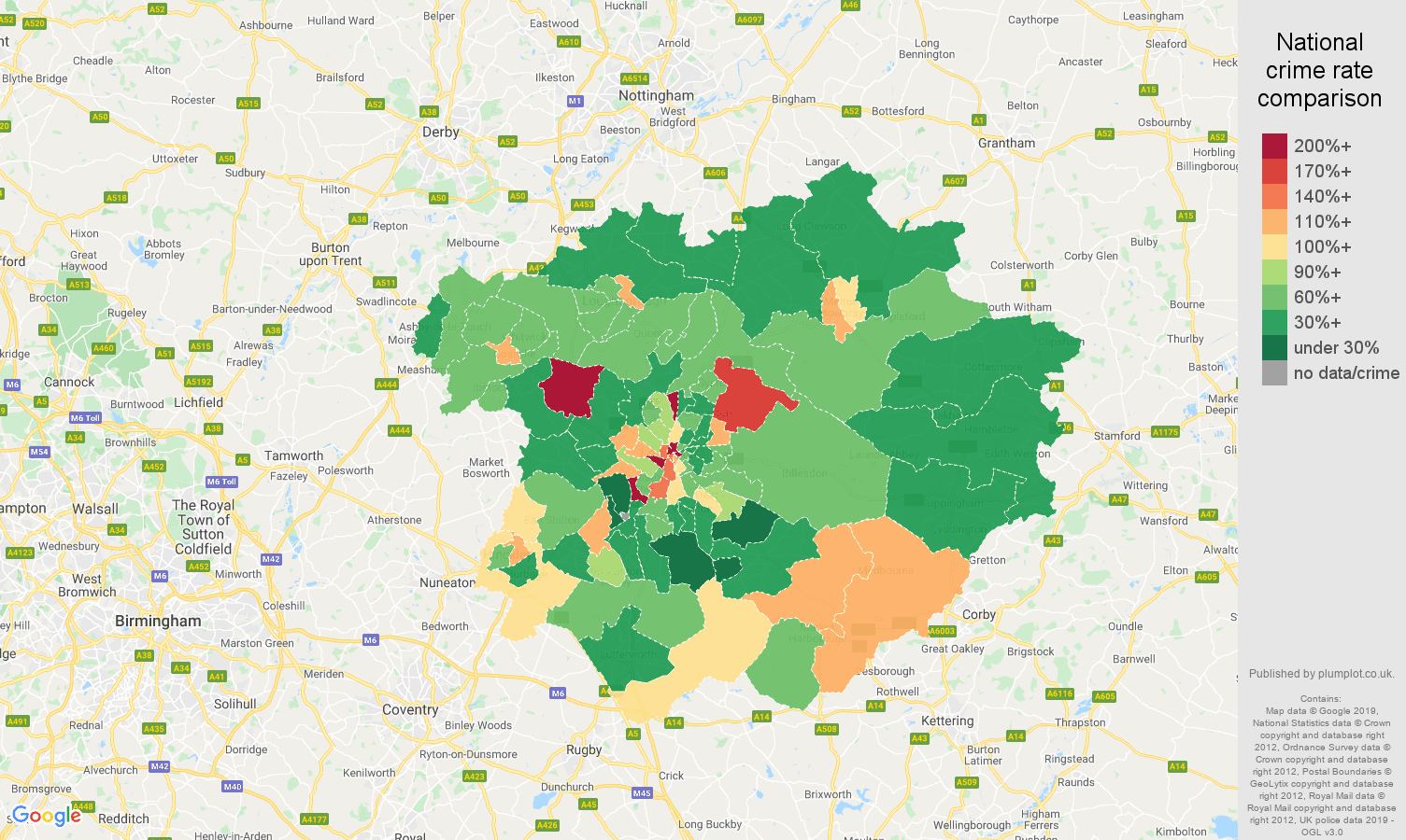 Leicester other theft crime rate comparison map