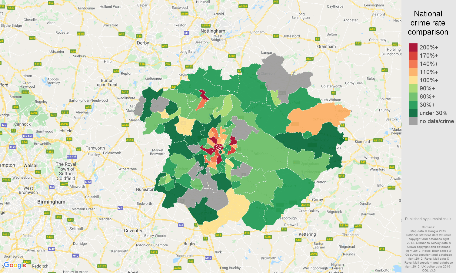 Leicester possession of weapons crime rate comparison map