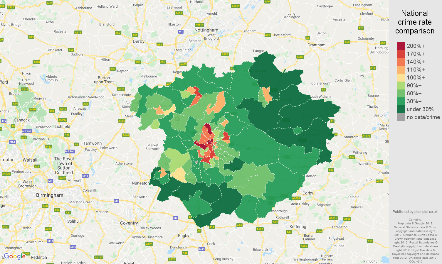 Leicester public order crime rate comparison map