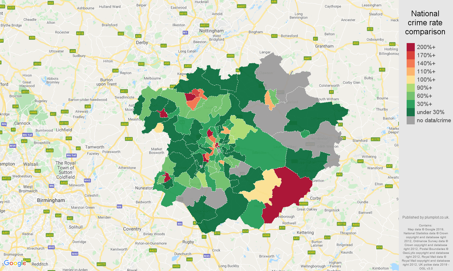 Leicester shoplifting crime rate comparison map