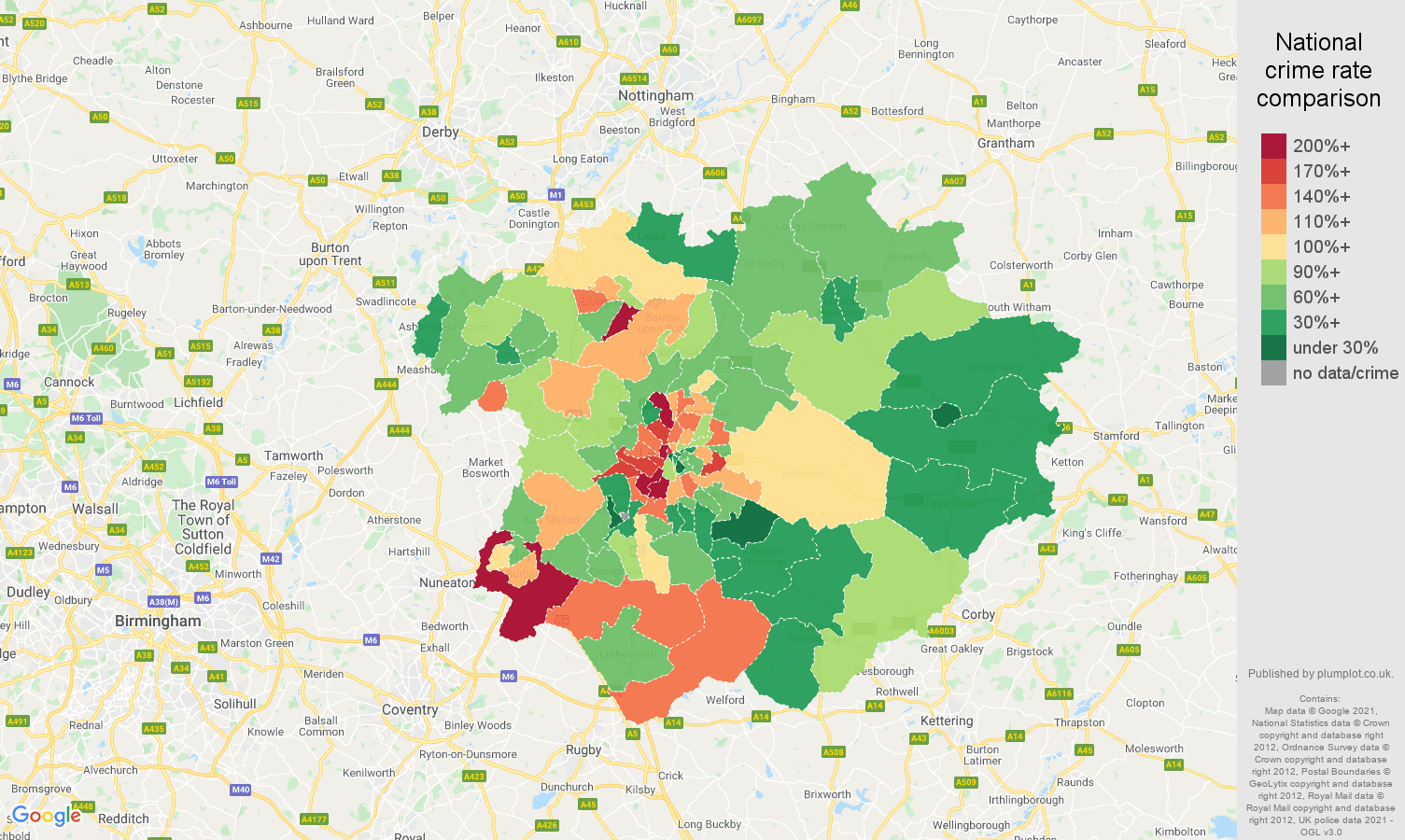 Leicester vehicle crime rate comparison map