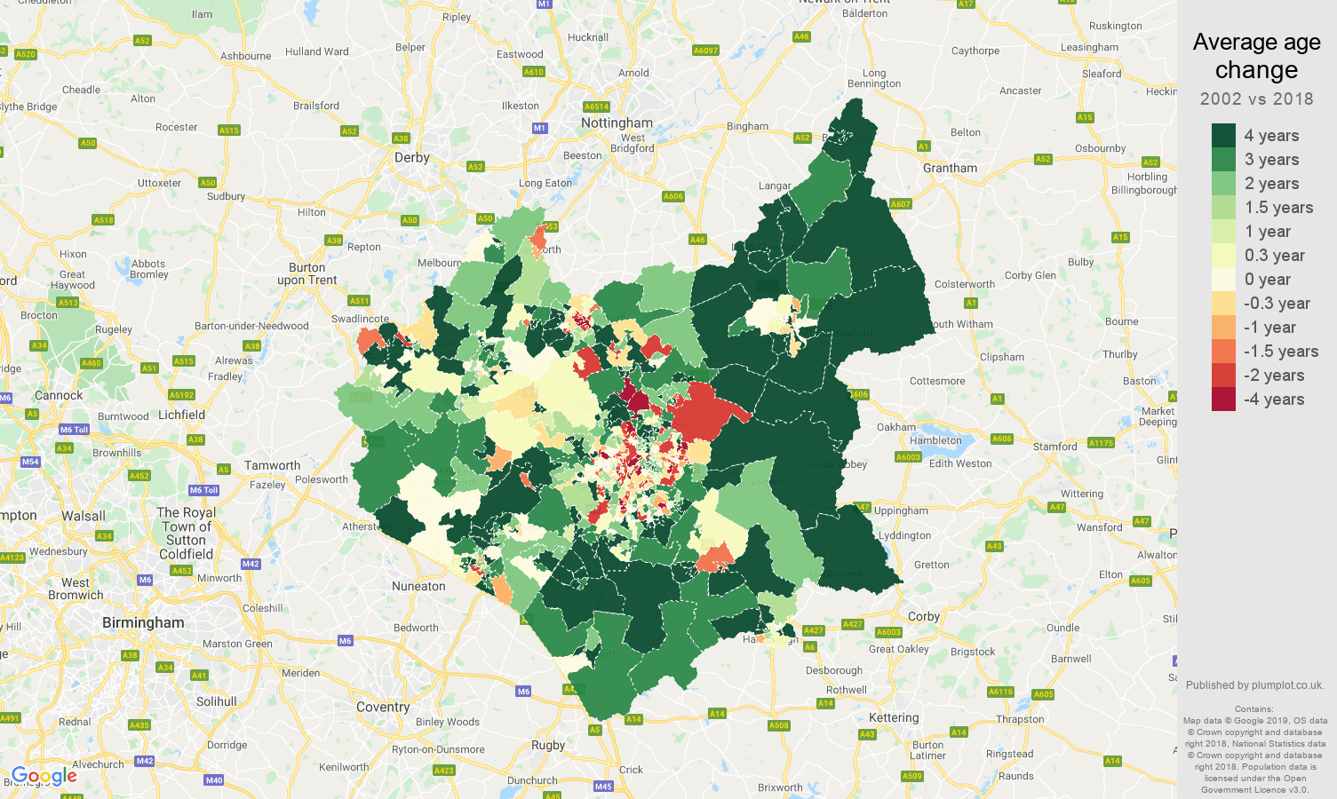 Leicestershire average age change map