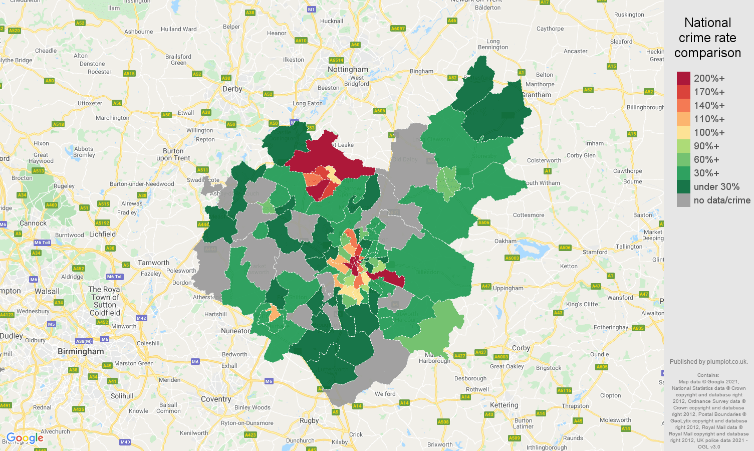 Leicestershire bicycle theft crime rate comparison map
