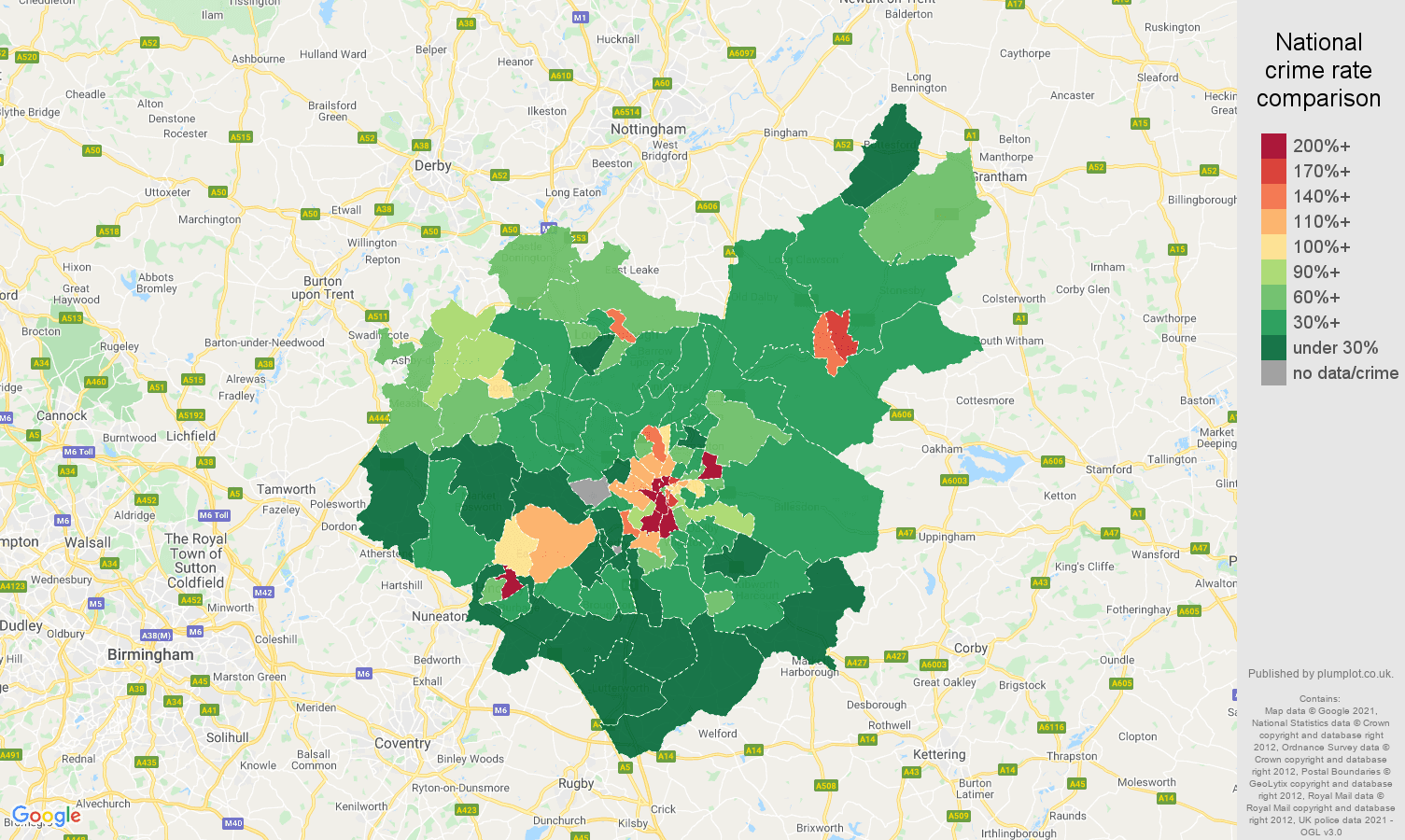 Leicestershire drugs crime rate comparison map