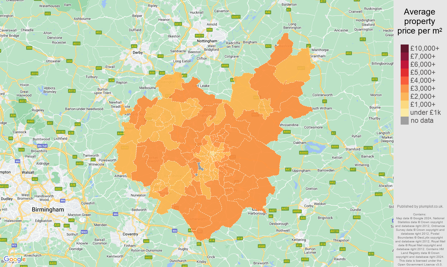 Leicestershire house prices per square metre map