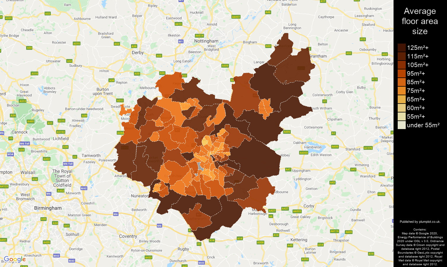 Leicestershire map of average floor area size of houses