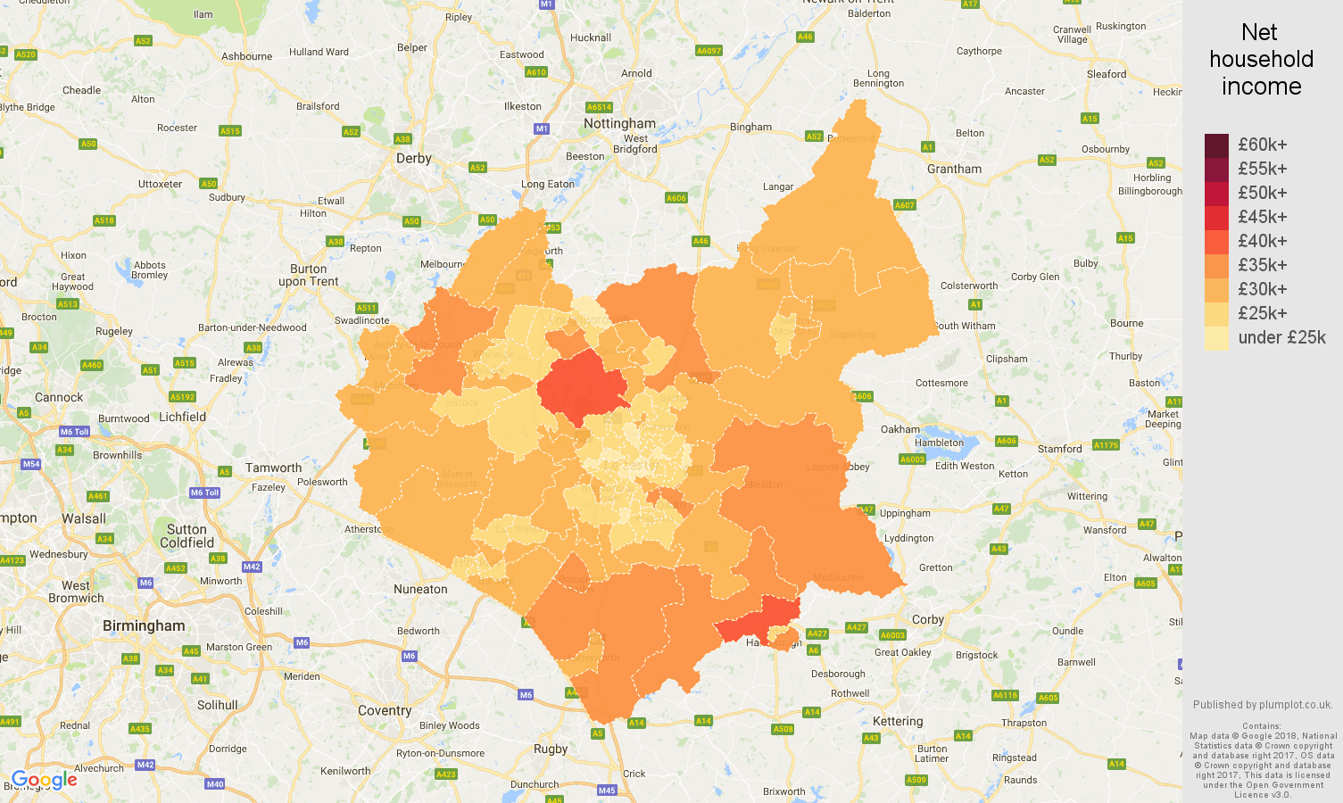 Leicestershire net household income map