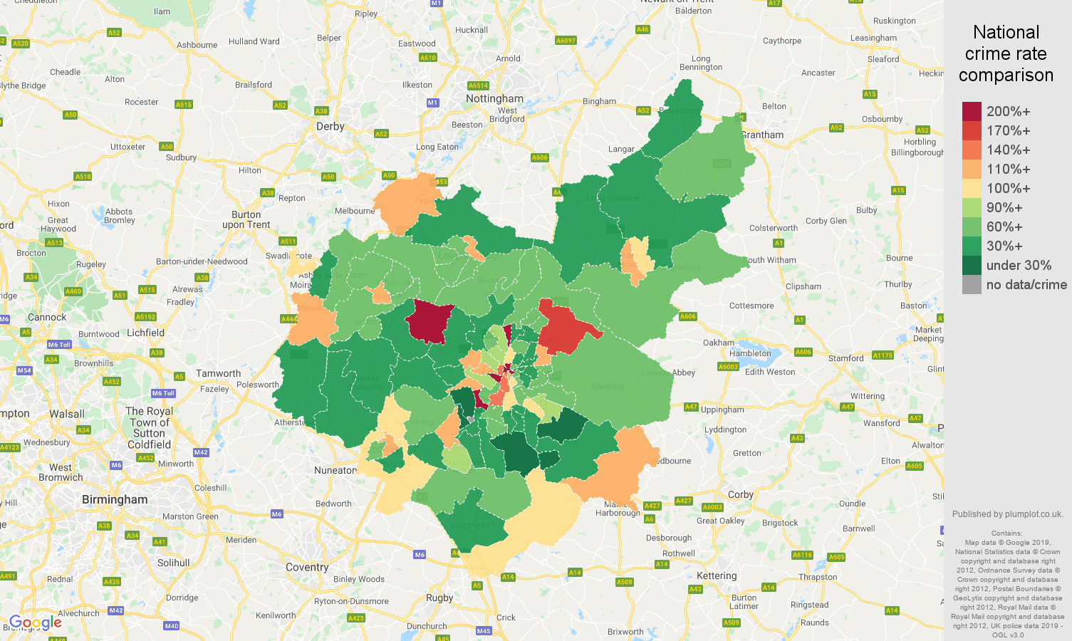 Leicestershire other theft crime rate comparison map