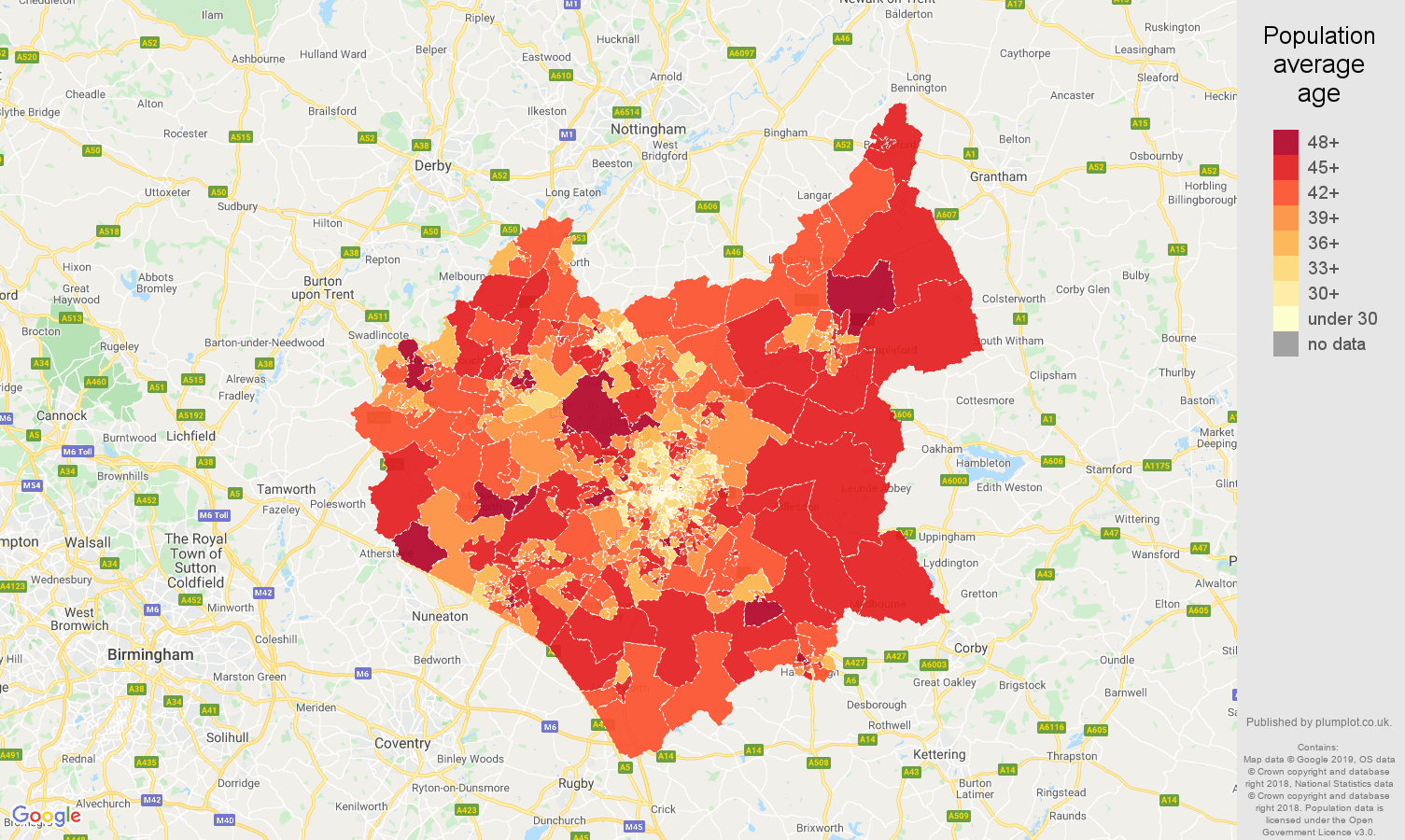 Leicestershire population average age map