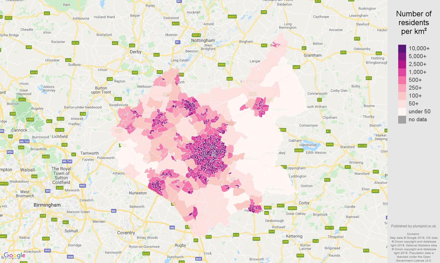 Leicestershire population density map