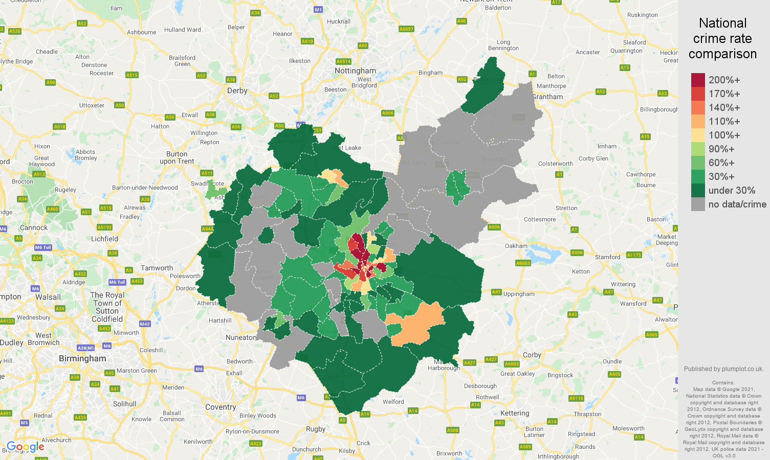 Leicestershire robbery crime rate comparison map
