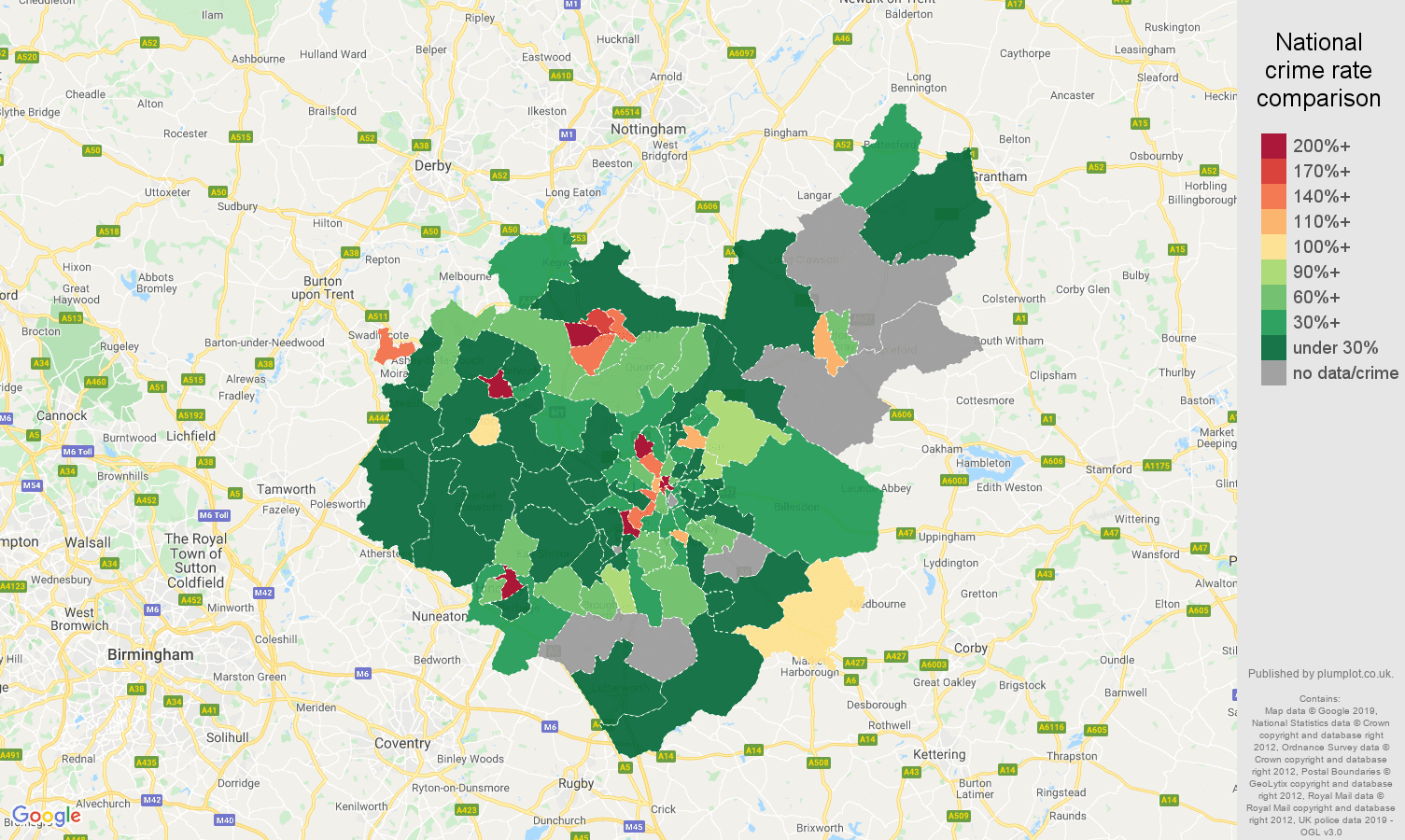 Leicestershire shoplifting crime rate comparison map