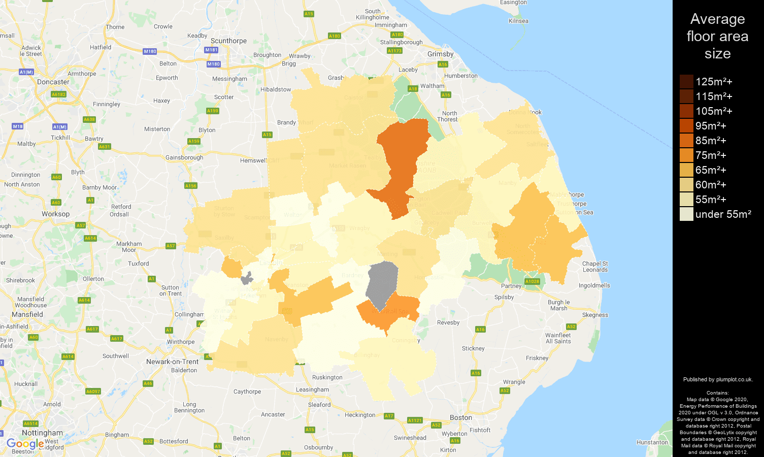 Lincoln map of average floor area size of flats