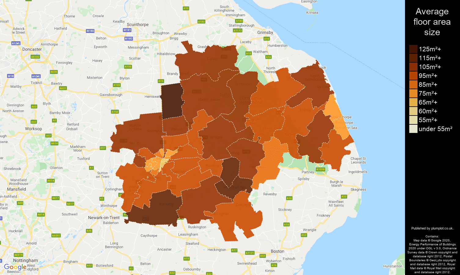 Lincoln map of average floor area size of properties
