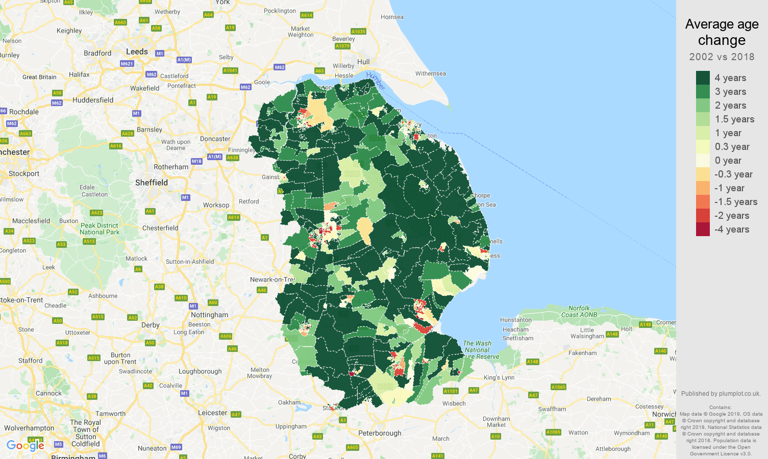 Lincolnshire average age change map
