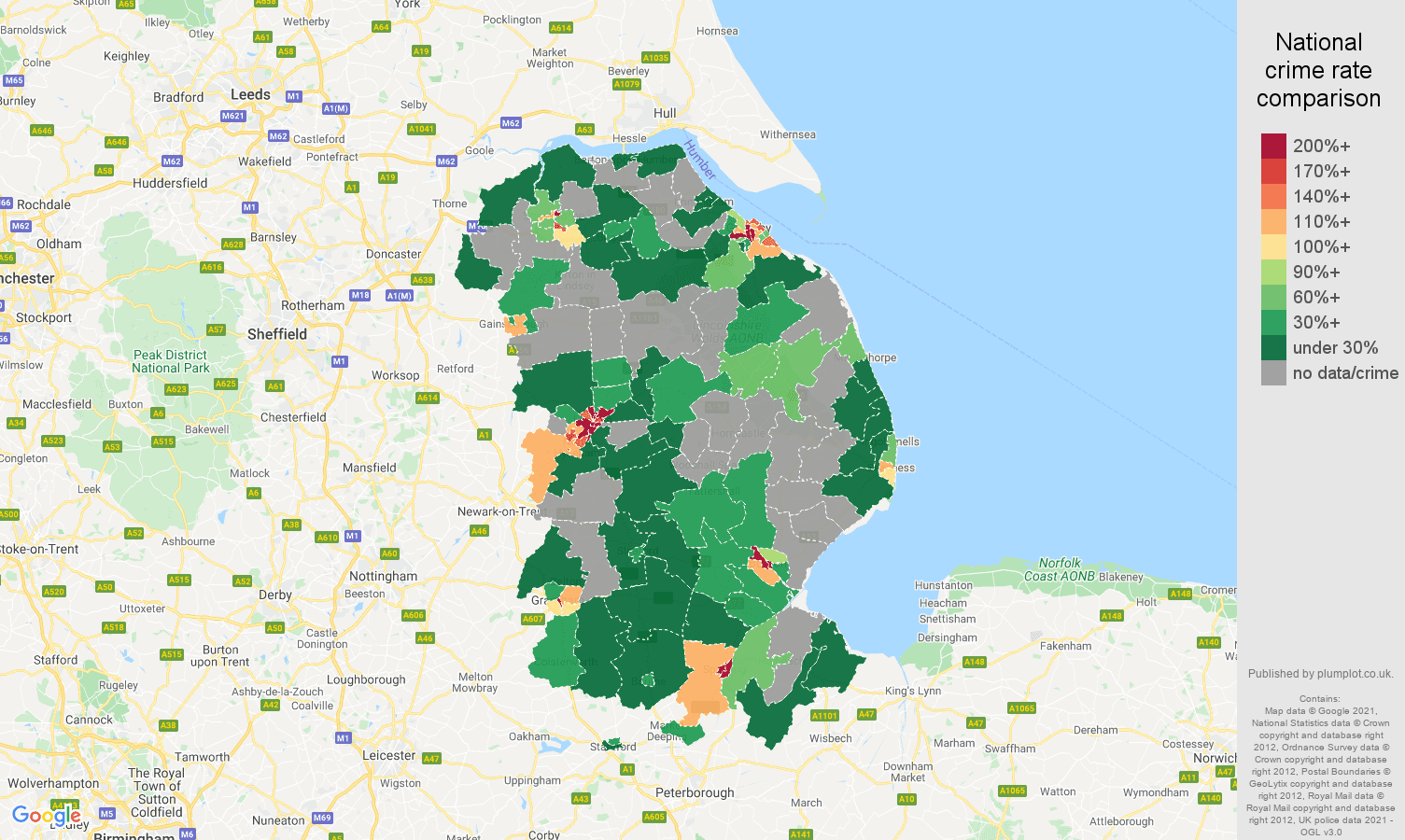 Lincolnshire bicycle theft crime rate comparison map
