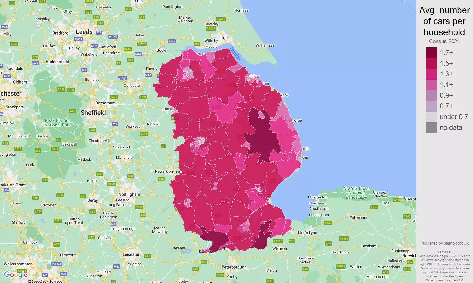 Lincolnshire cars per household map