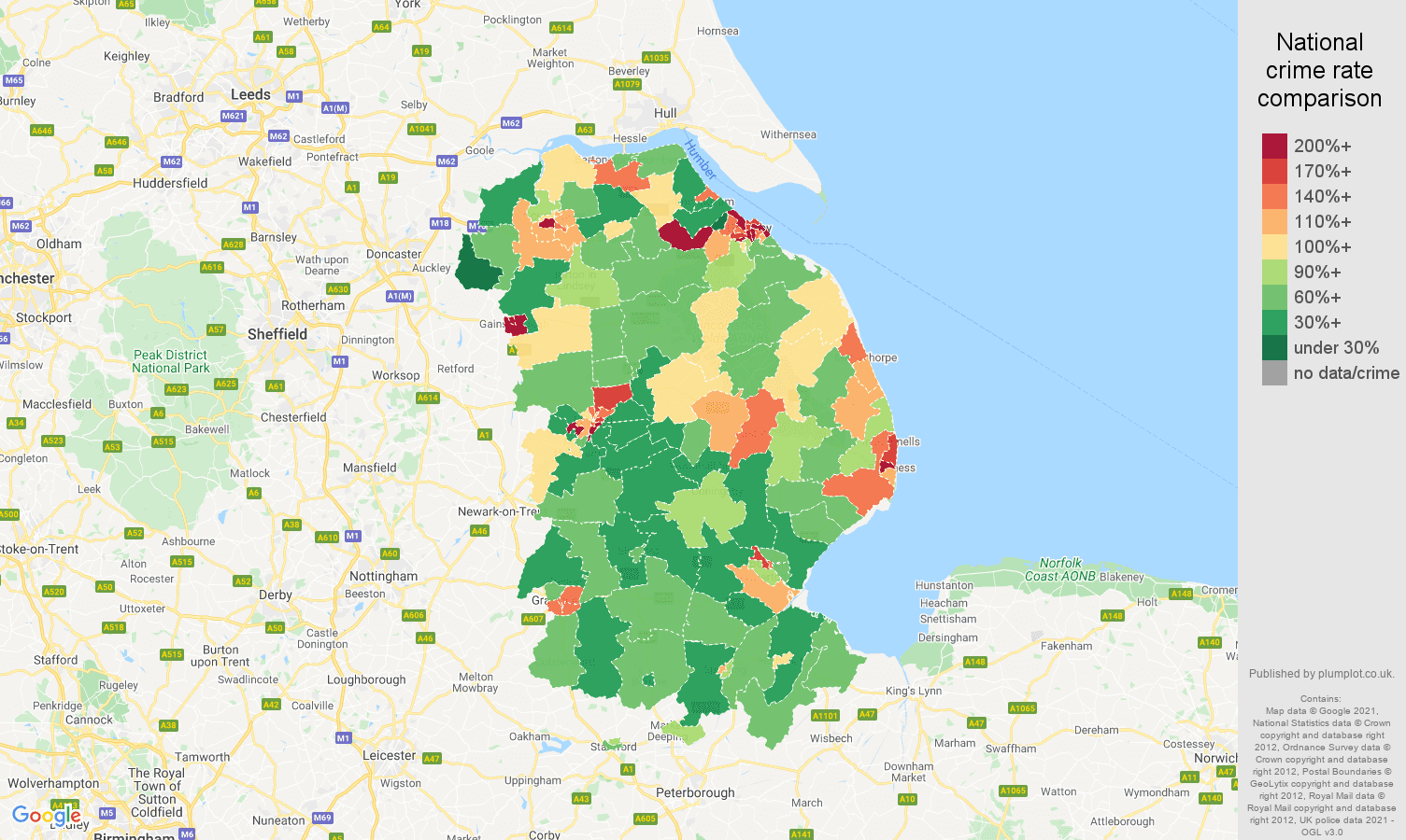Lincolnshire criminal damage and arson crime rate comparison map