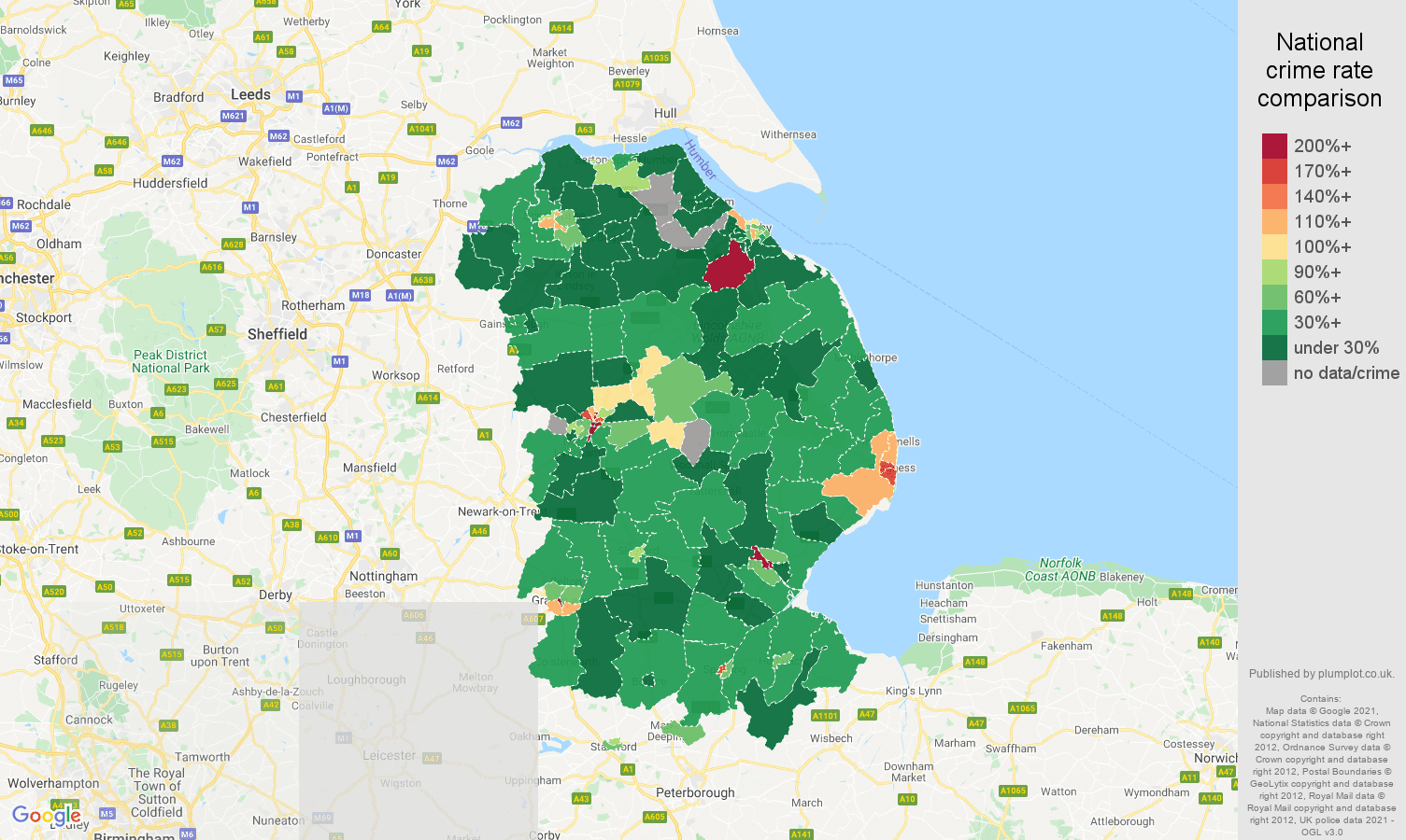 Lincolnshire drugs crime rate comparison map