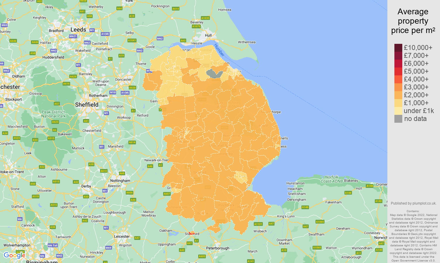 Lincolnshire house prices per square metre map