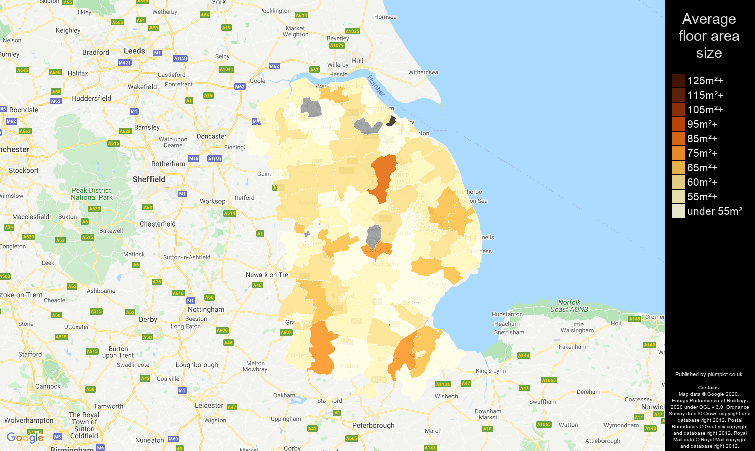 Lincolnshire map of average floor area size of flats