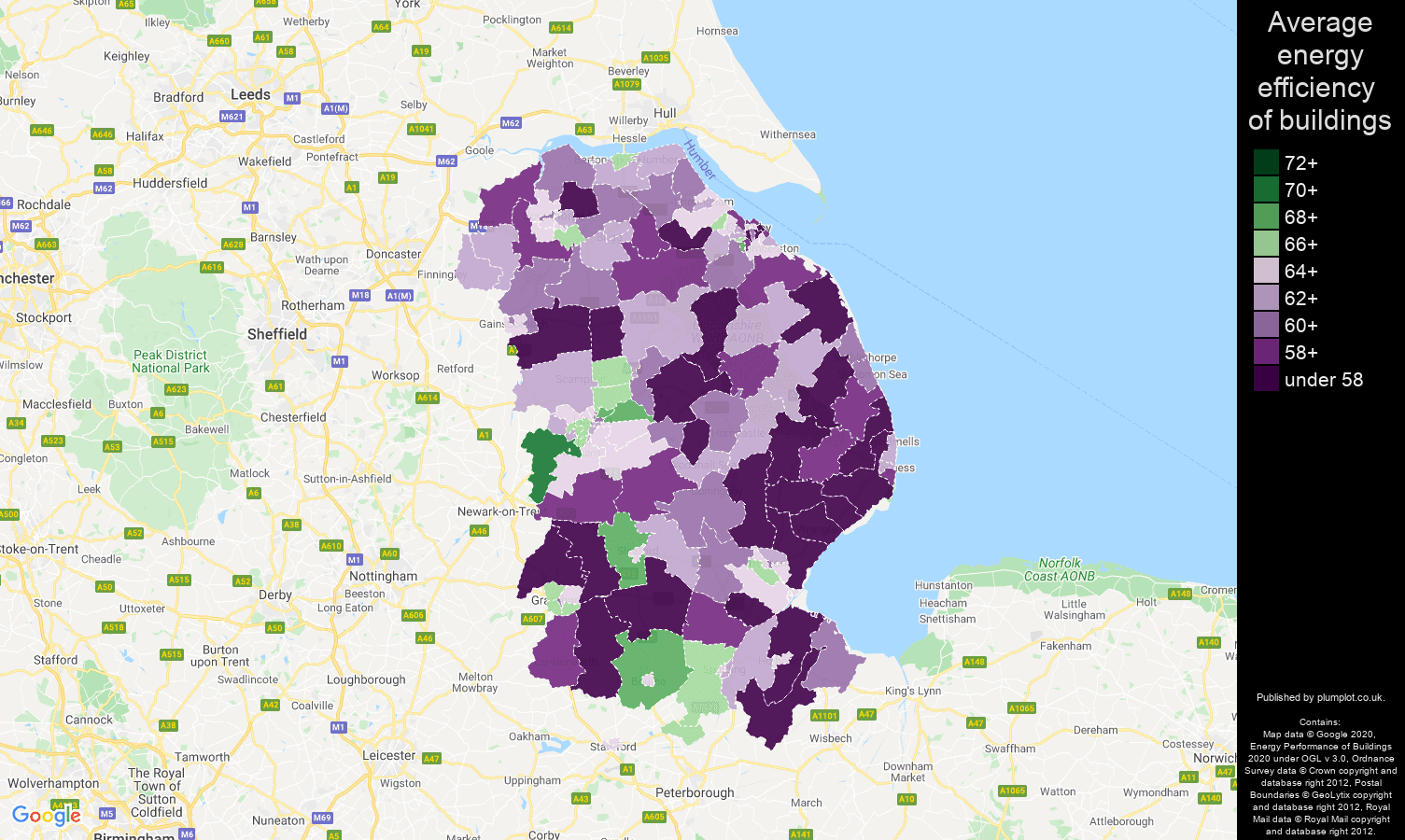 Lincolnshire map of energy efficiency of properties