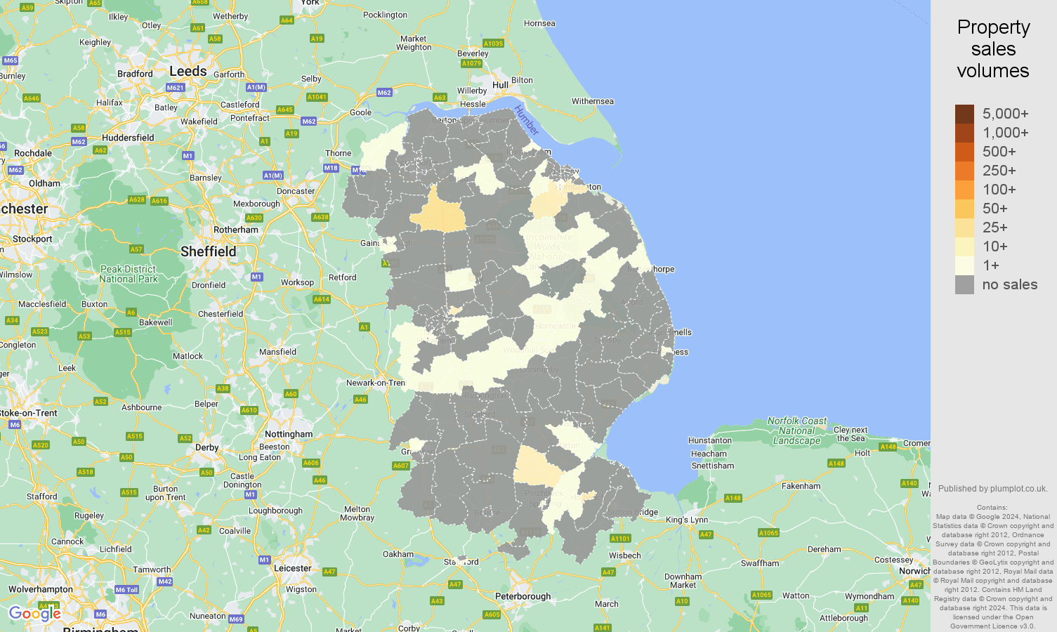 Lincolnshire map of sales of new properties