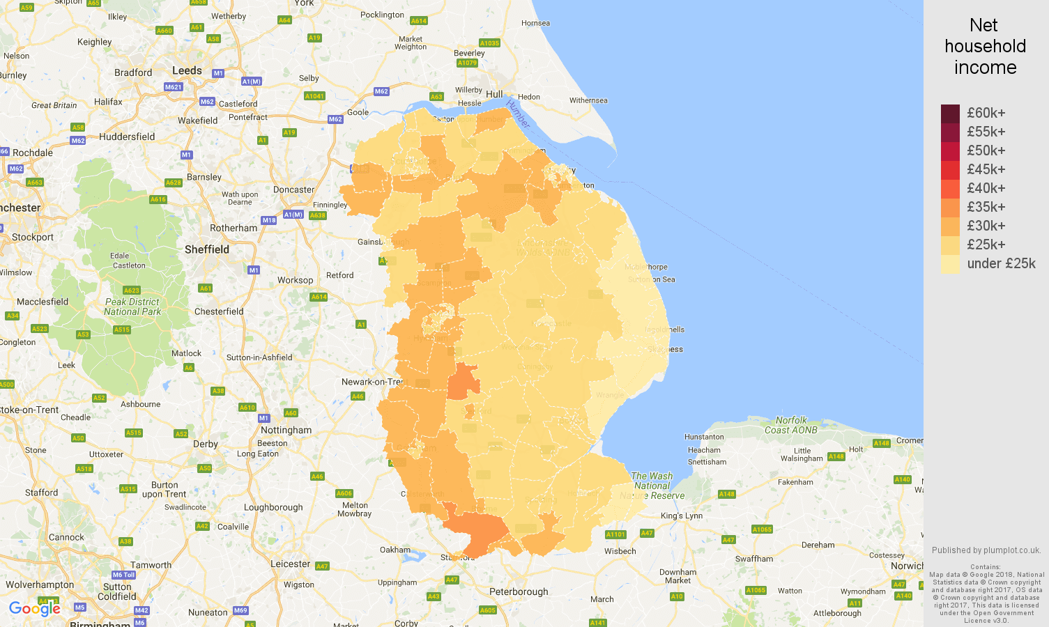 Lincolnshire net household income map