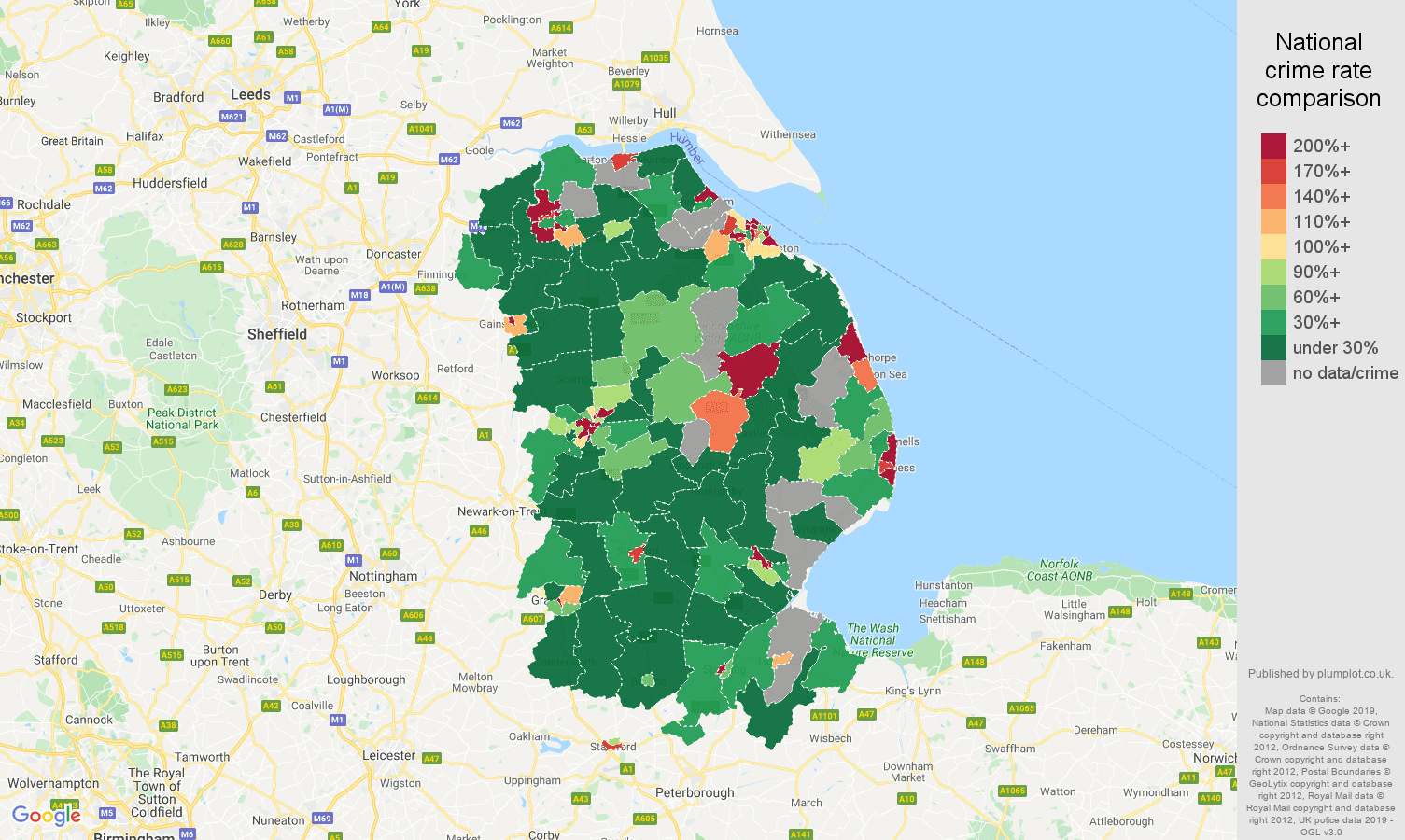 Lincolnshire shoplifting crime rate comparison map