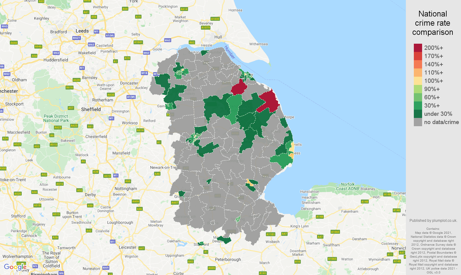 Lincolnshire theft from the person crime rate comparison map