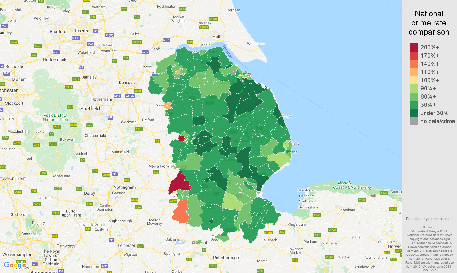 Lincolnshire vehicle crime rate comparison map