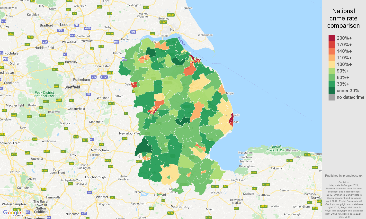 Lincolnshire violent crime rate comparison map